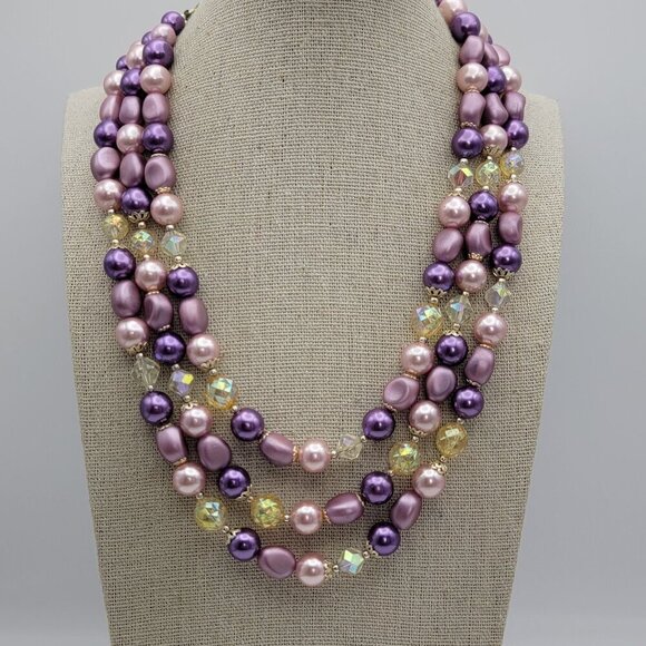 Vtg. Signed Japan Gold Purple Beaded Layered Necklace 19 in Gold-Tone Hook Clasp - Picture 1 of 8